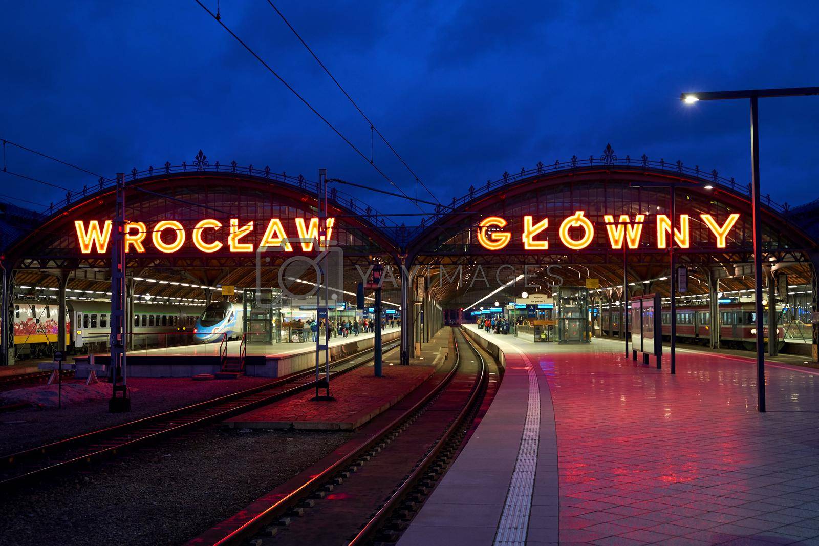 Wroclaw, Poland, Jan 2, 2019: Platform of Wroclaw Glowny railway station at dusk.