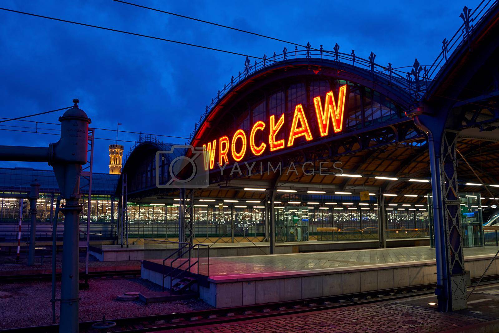 Wroclaw, Poland, Jan 2, 2019: Platform of Wroclaw Glowny railway station at dusk.