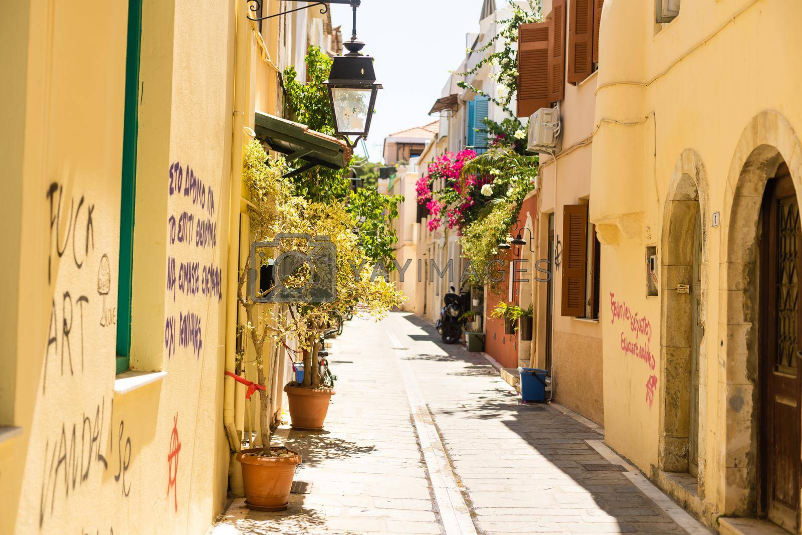 Rethymno Greece Crete. Walk around the old resort town Rethymno in Greece. Architecture and Mediterranean attractions on island Crete. Narrow touristic street in the tourist routes.