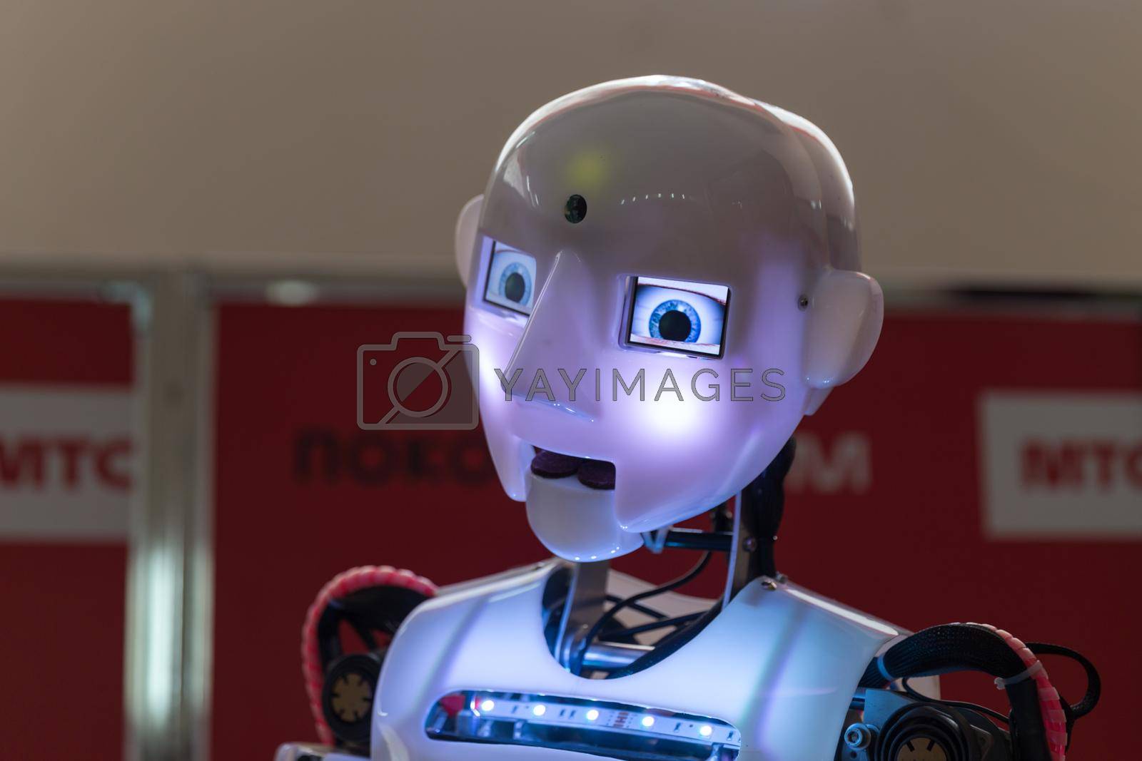 STAVROPOL, RUSSIA - APRIL 6, 2019: Modern Promo robot on the technology exhibition in Stavropol Russia