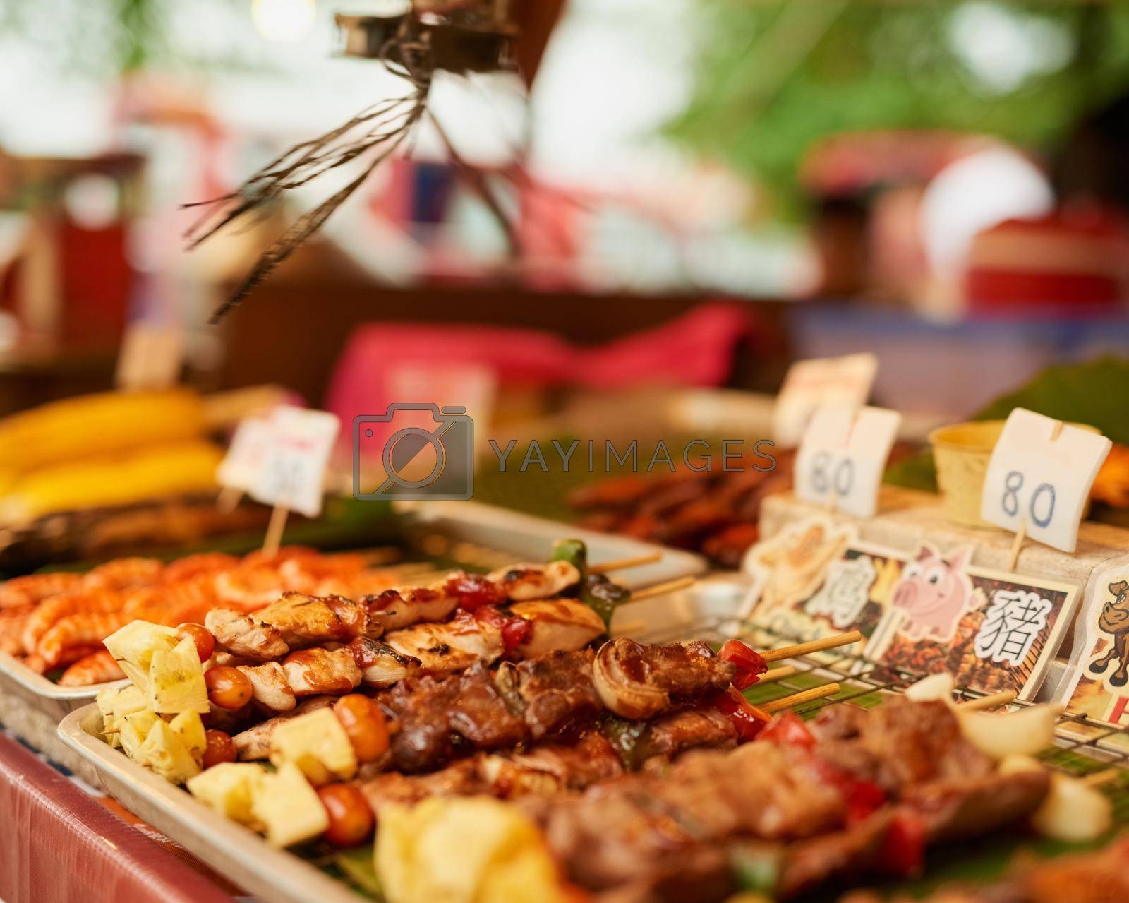Shot of delicious food on display in a Thai food market.