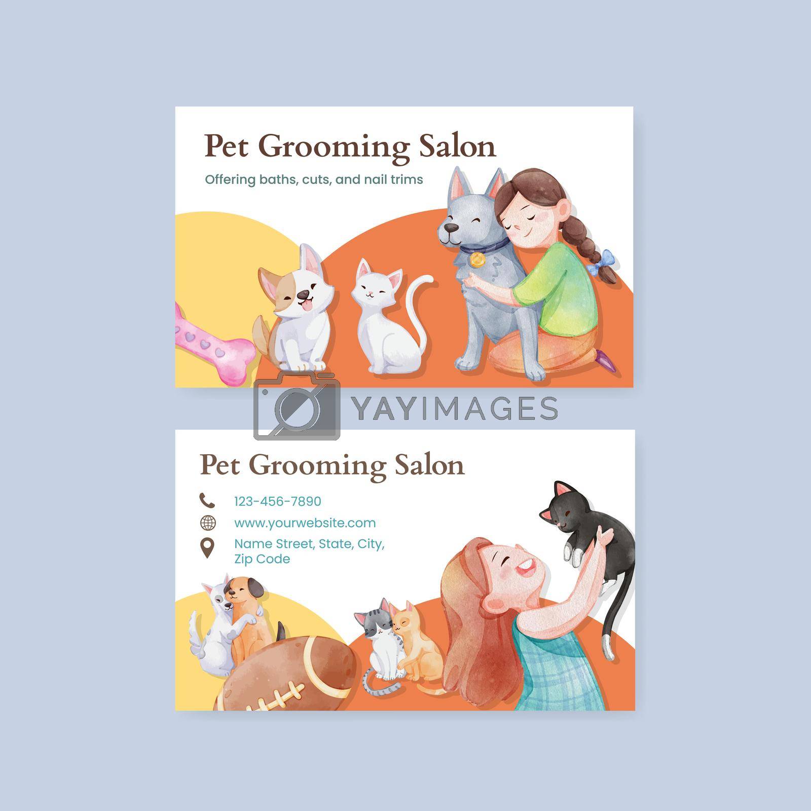 Royalty free image of Business card template with cute dog and cat hugging concept,watercolor style by Photographeeasia