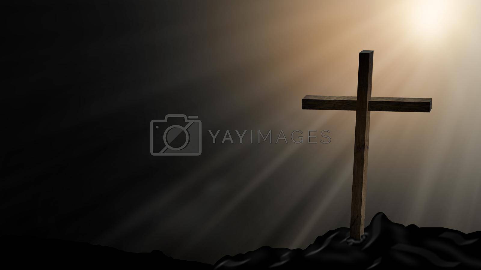 Royalty free image of Jesus Christ cross. Easter, resurrection concept. Christian wooden cross on a background with dramatic lighting, colorful mountain sunset, dark clouds and sky, sunbeams. by Andelov13