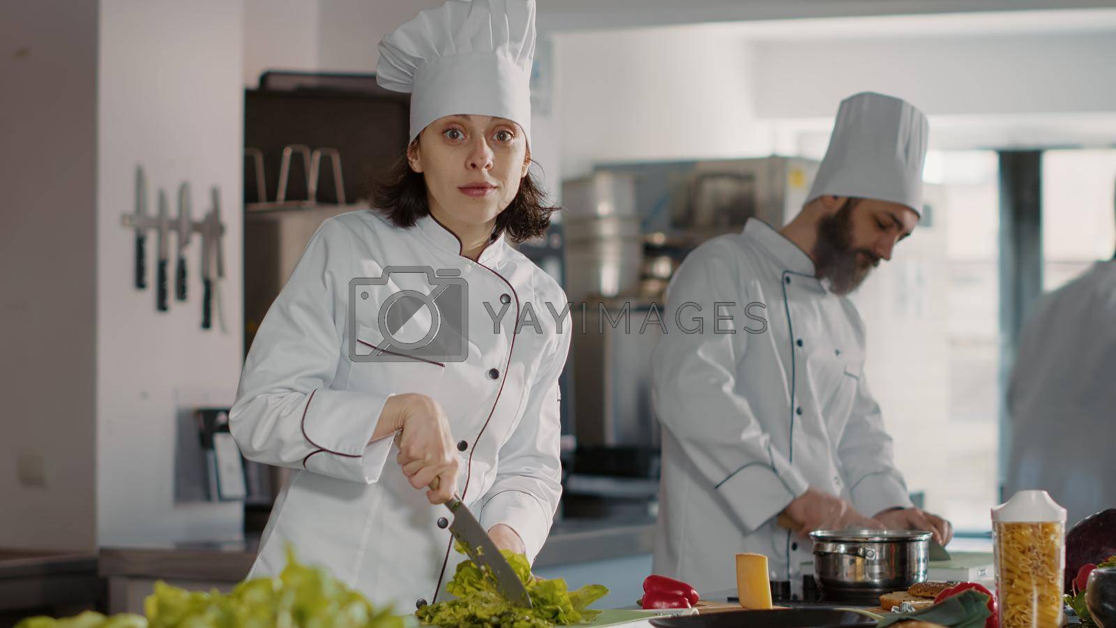 Portrait of female chef preparing celery ingredients for food dish, looking at camera. Woman in white uniform cooking professional meal with organic natural greens and salad for culinary recipe.