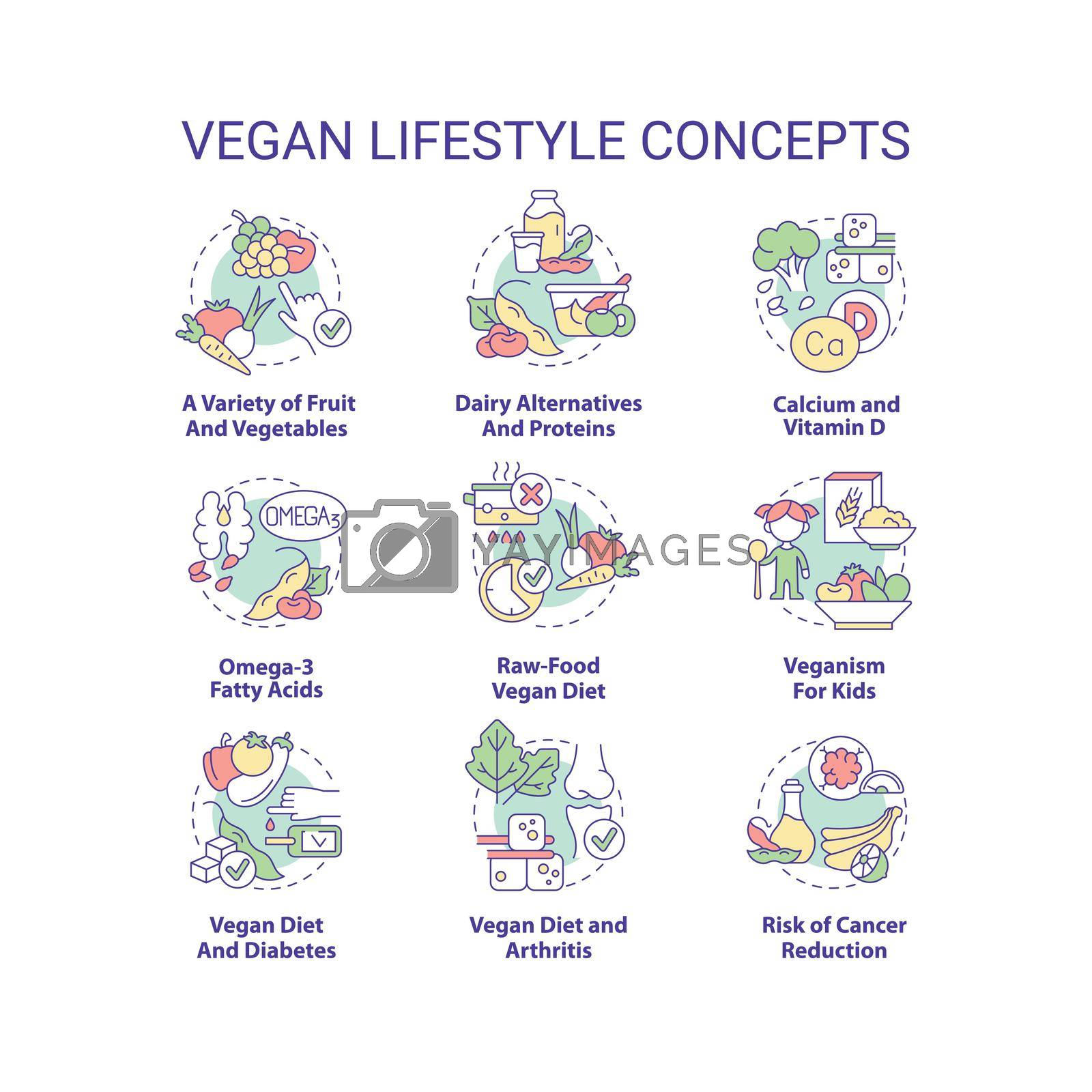 Vegan lifestyle concept icons set. Plant based nutrition. Abstain animal product idea thin line color illustrations. Isolated symbols. Editable stroke. Roboto-Medium, Myriad Pro-Bold fonts used