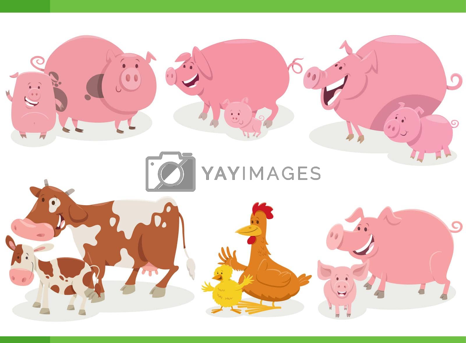 Cartoon illustration of farm animals with babies characters set