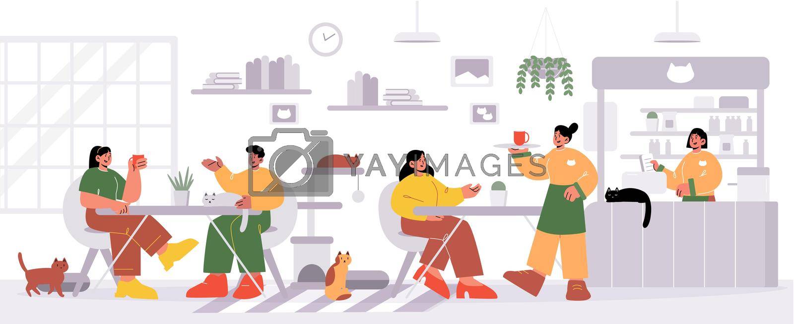 People visit cat cafe, male and female characters sitting at tables drinking beverages with kittens playing and relaxing around. Pets friendly hospitality, cozy place Line art vector illustration