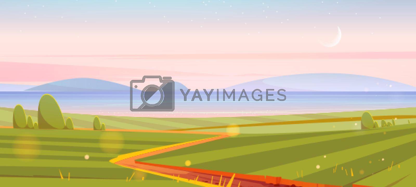 Royalty free image of River, green fields, hills and moon in sky by vectorart