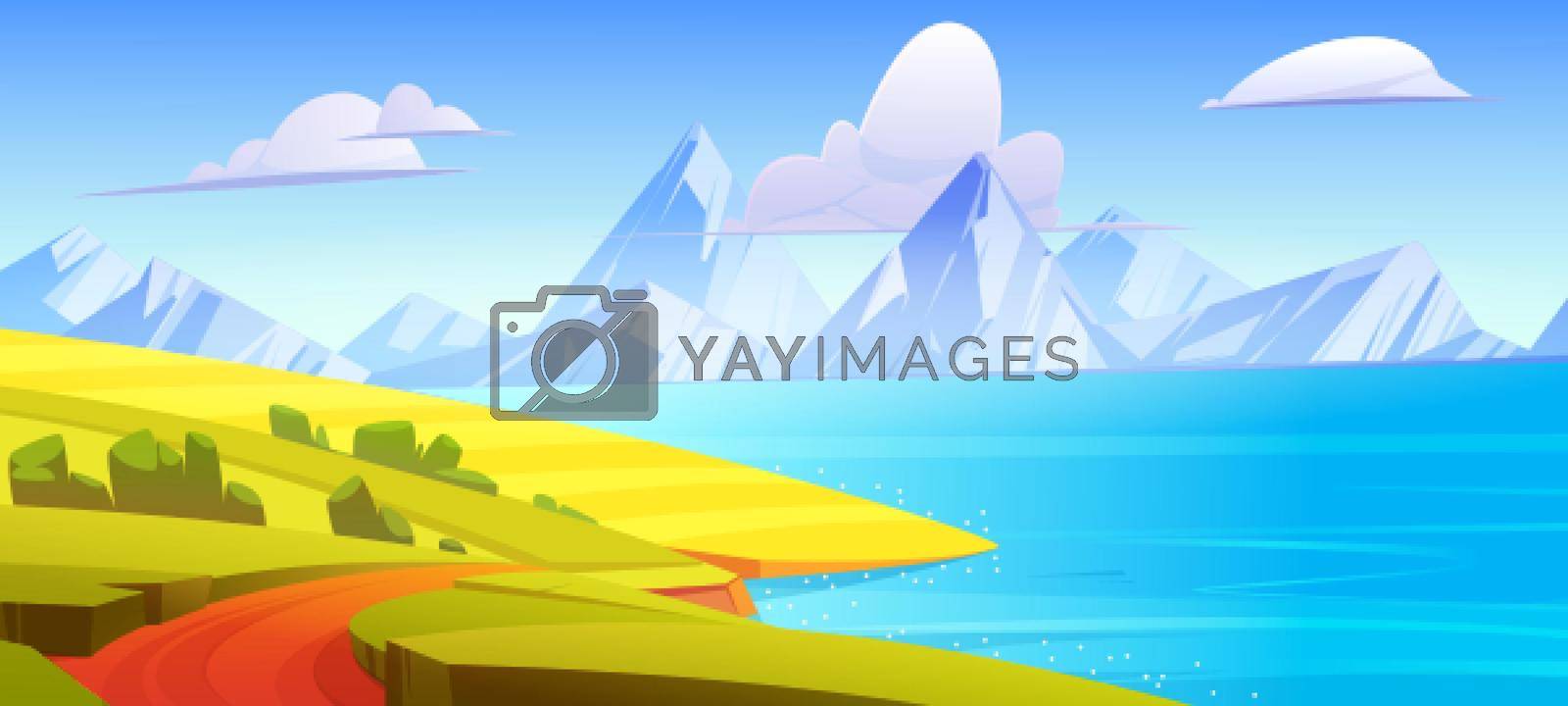 Summer landscape with green fields, lake and mountains on horizon. Vector cartoon illustration of countryside, hills with farmland, road on sea shore and white rocks