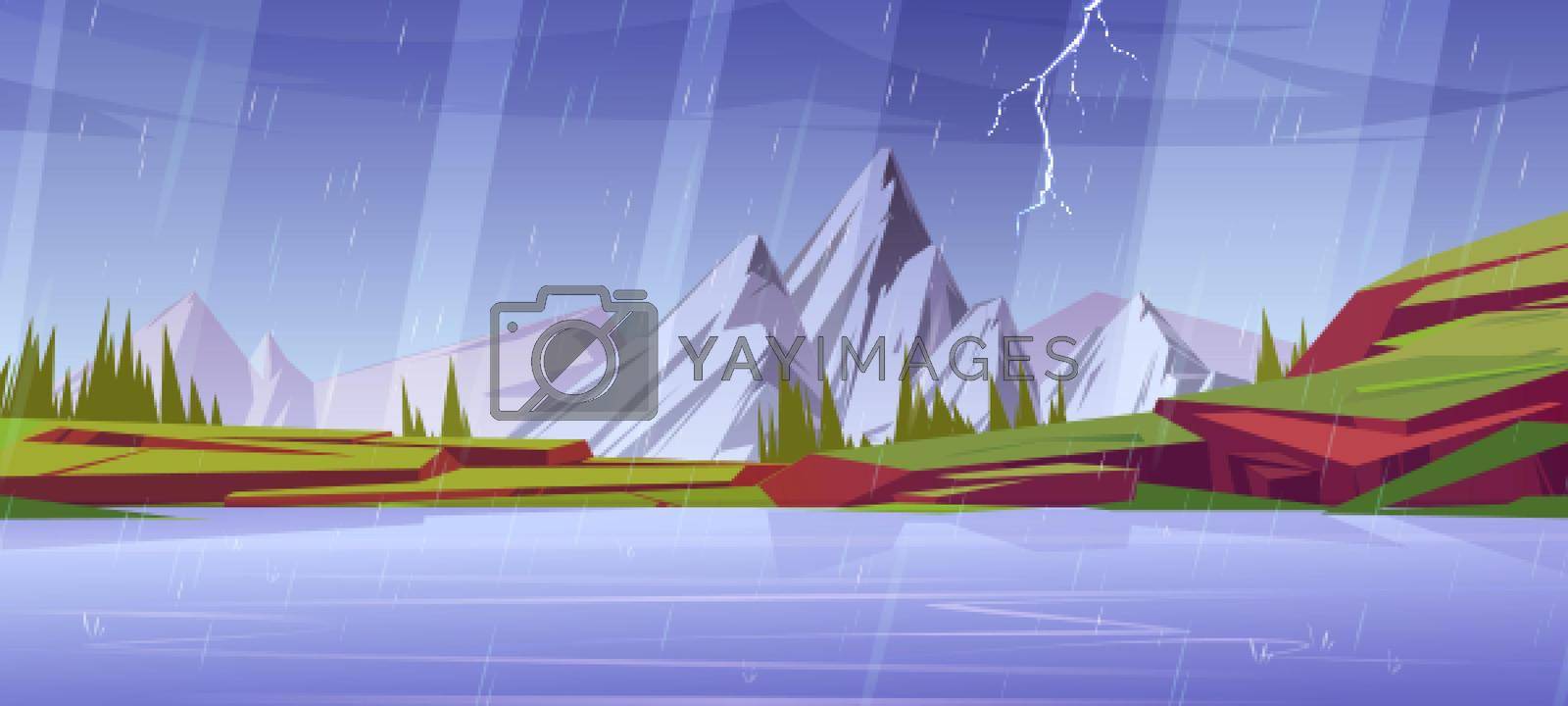 Rain and lightnings at mountain nature landscape with water pond, snowy peaks, green grass on rocks and conifers. Cartoon background with thunderstorm weather on lake, scenery view Vector illustration