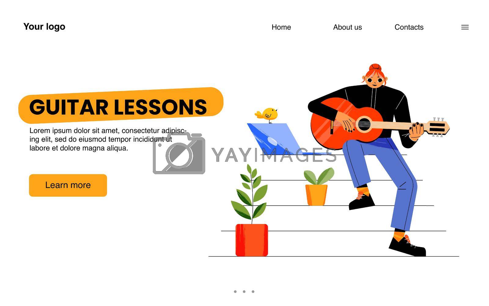 Guitar lessons landing page. Online education, hobby, learning, training play instruments. Young woman sitting home with laptop watching video and playing music Cartoon flat vector line art web banner