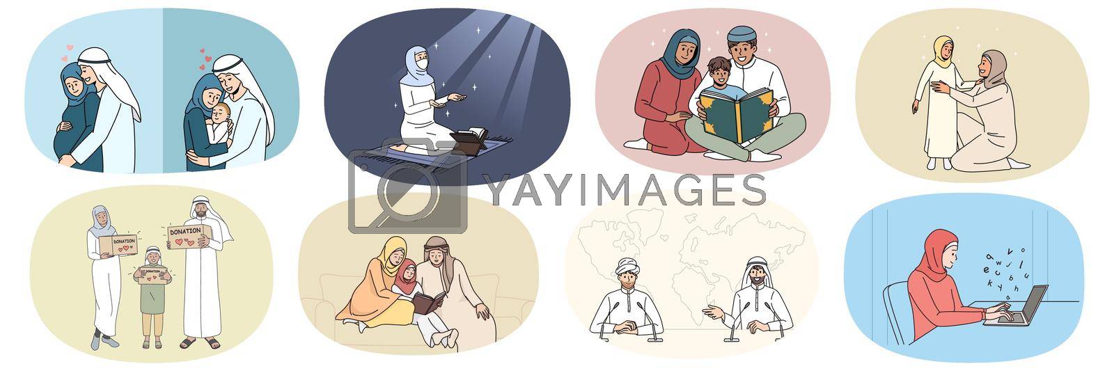 Collection of Arabian people in traditional clothes daily life. Set of Arabic men and women show cultural and natural diversity. Muslim ethnicity and Islam religion. Vector illustration.