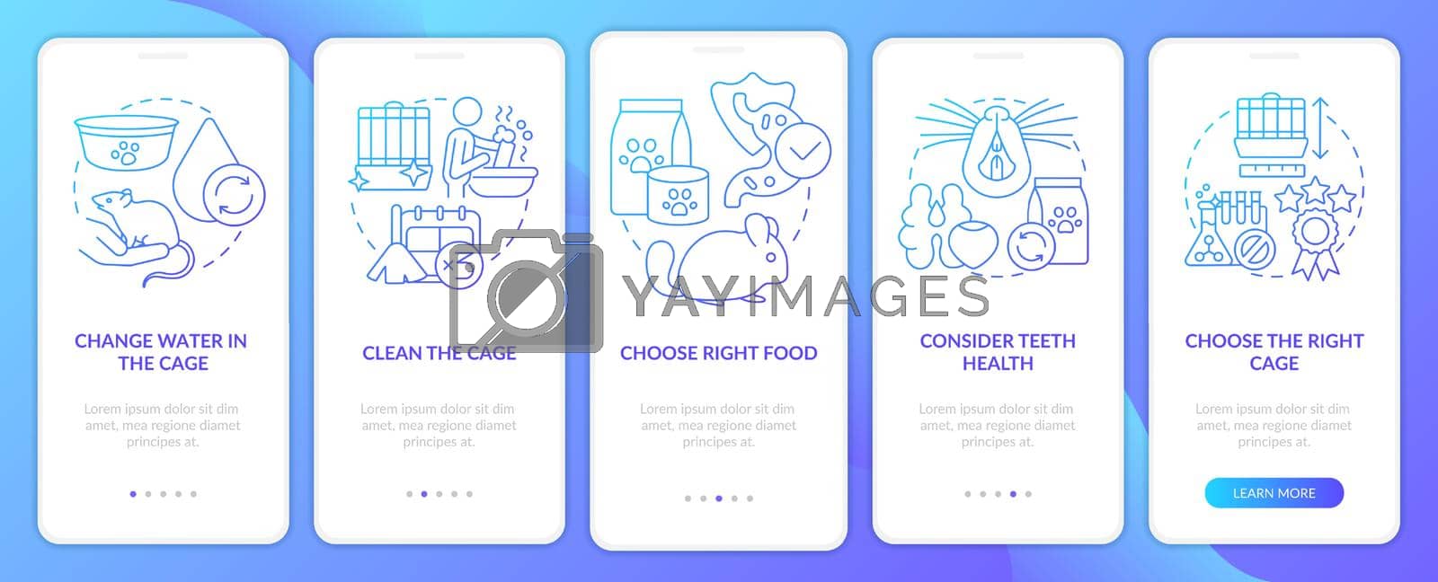 Keeping small animals healthy blue gradient onboarding mobile app screen. Walkthrough 5 steps graphic instructions pages with linear concepts. UI, UX, GUI template. Myriad Pro-Bold, Regular fonts used