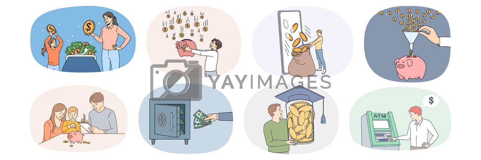 Set of diverse people saving money for future needs. Collection of persons collect coins and banknotes make investment. Banking and finance concept. Credit and deposit. Flat vector illustration.