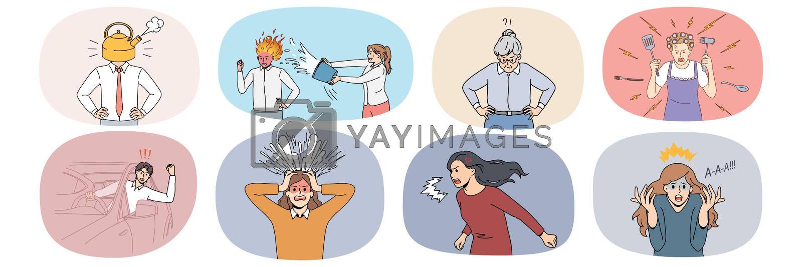 Set of mad diverse people scream and shout feel distressed and angry. Collection of furious humans yell annoyed by life situation unable to control emotions. Vector illustration.
