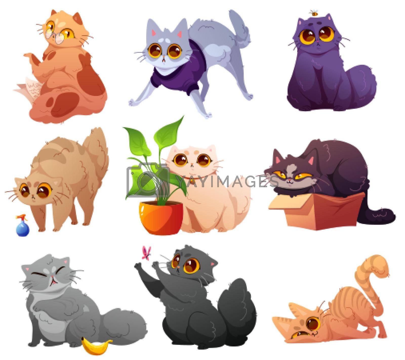 Cute pets characters, cats and kittens in different poses. Vector cartoon set of funny kitties reading, sitting in box, scared of banana and spray, hunting butterfly, with house plant