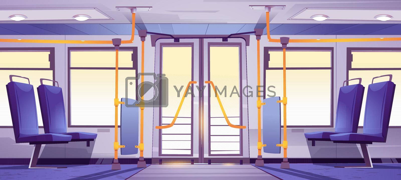 Empty bus interior with seats and handrails. Vector cartoon illustration of public transport cabin inside, passenger vehicle with blue chairs, doors and windows