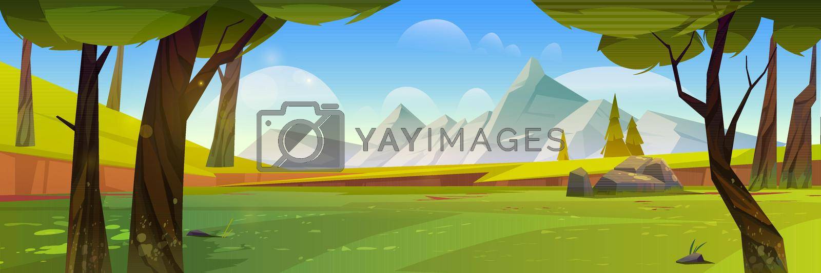 Cartoon nature landscape with mountains, green field, rocks and trees. Summer forest under blue sky with clouds, scenery view tranquil 2d game background, beautiful woodland, Vector illustration