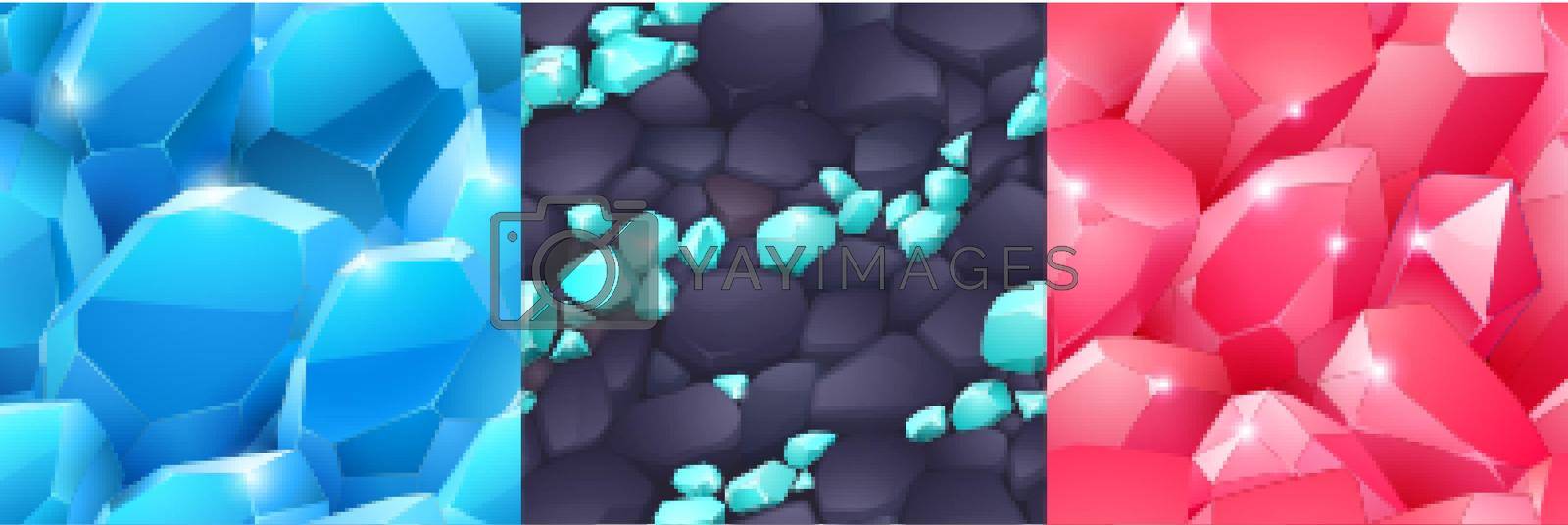 Magic crystals textures, seamless backgrounds for game. Red and blue gem stones, jewel rock minerals. Natural gemstones, fantasy treasure, assets, jewelry and geology elements, Cartoon vector set