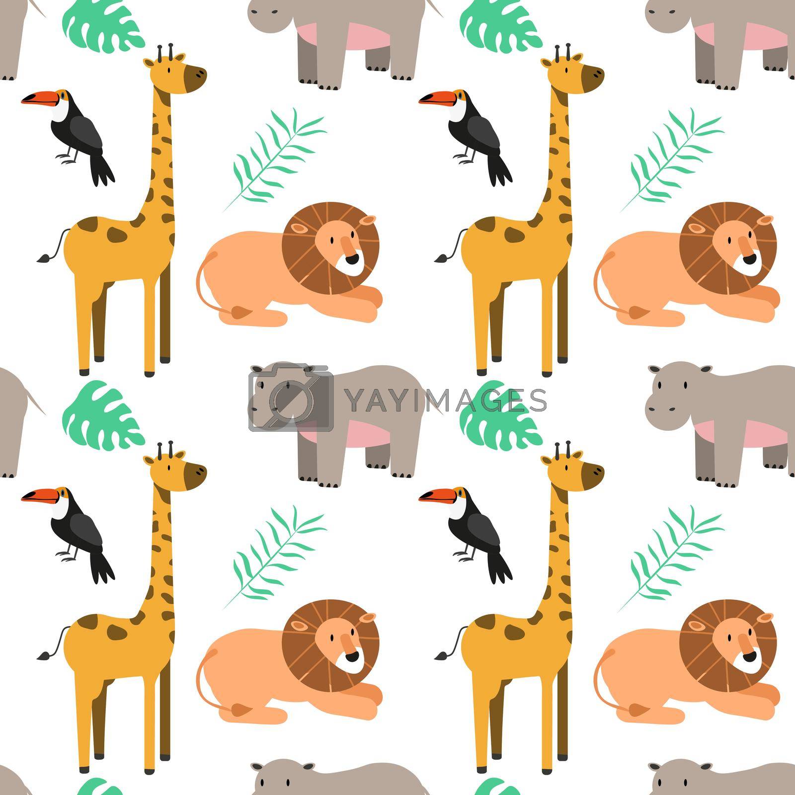 Royalty free image of Safari animals seamless pattern with cute hippo, lion and giraffe. Vector texture in childish style great for fabric and textile, wallpapers, backgrounds, cards design EPS by Alxyzt