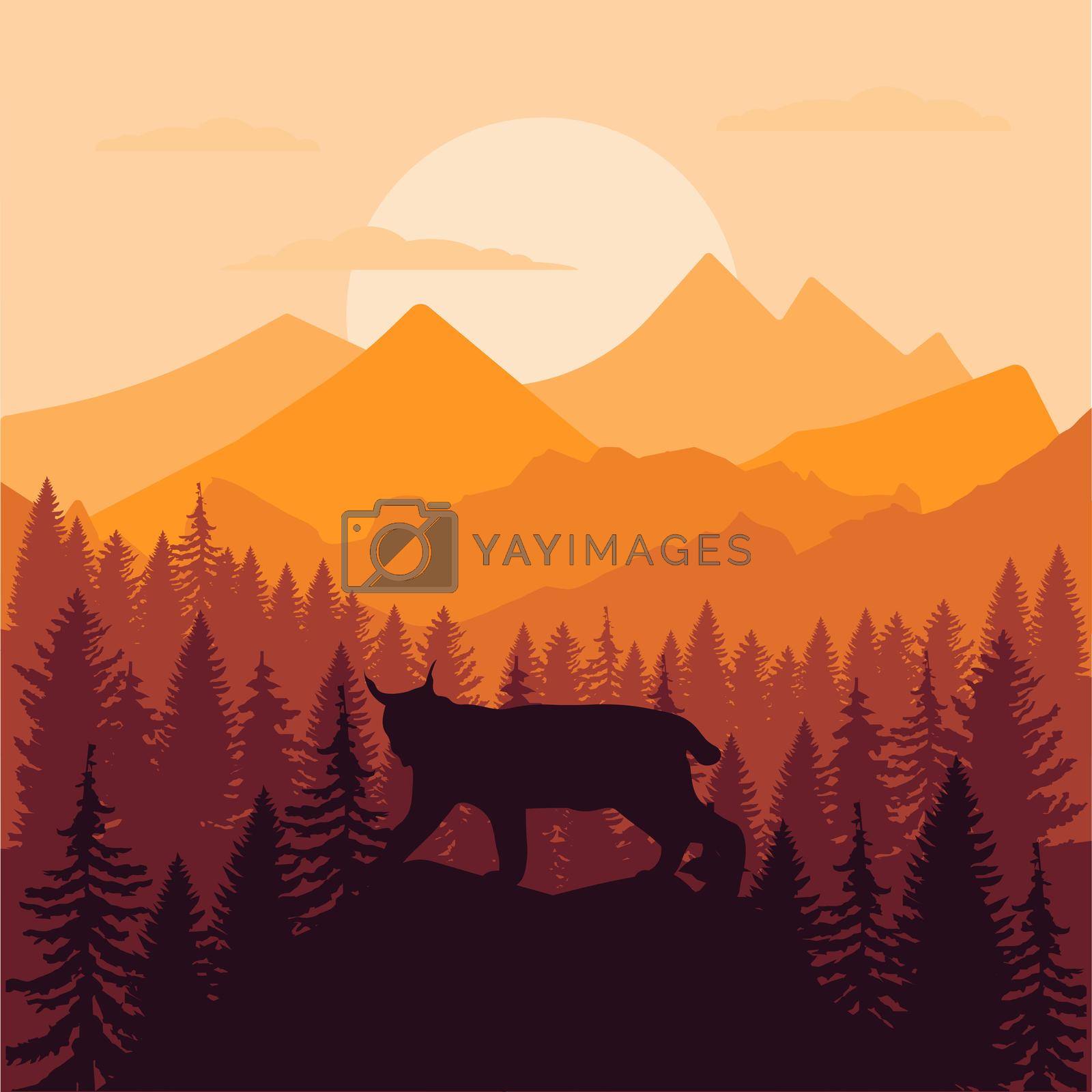 vector mountains forest woodland background texture with wild bobcat lynx sunset
