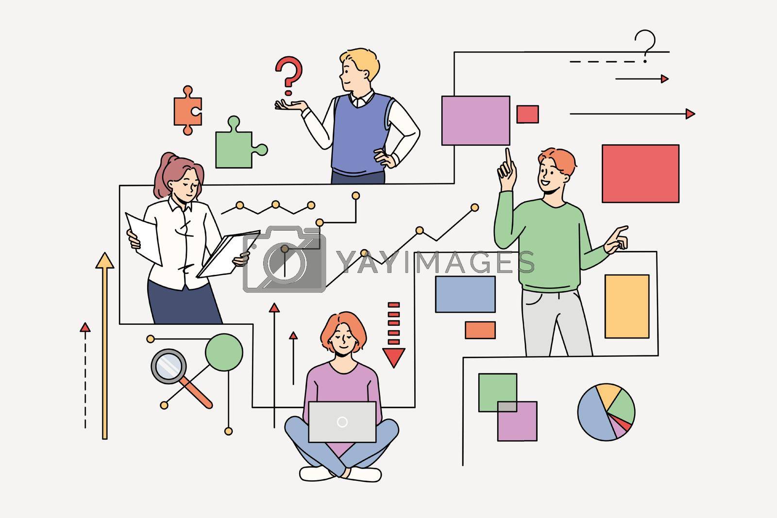 Diverse people connected in network looking for information or problem solution. Men and women employees cooperate for issue or trouble solving. Teamwork. Vector illustration.