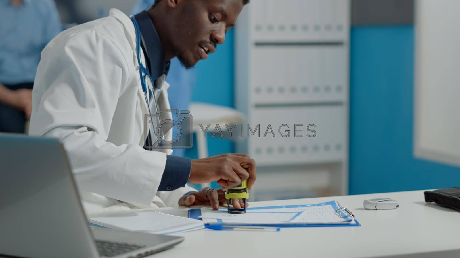 Close up of healthcare specialist using tools and files giving document to old woman for prescription medicine and advice. Doctor helping elderly patient with illness in medical office
