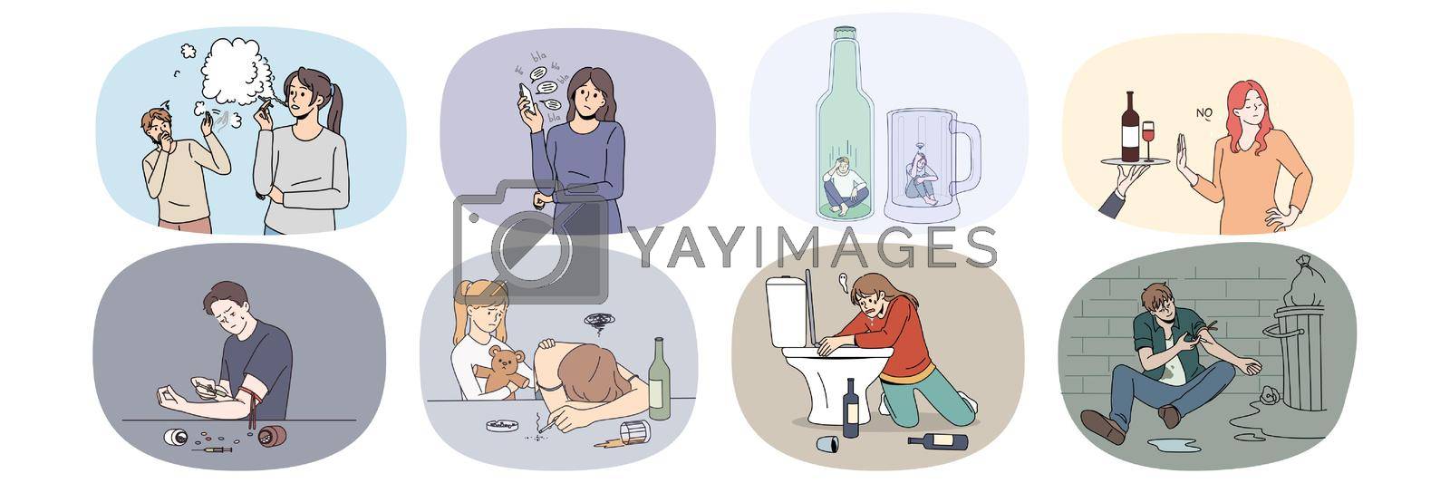 Set of unhappy diverse people suffering from addictions. Collection of men and women struggling with drug and alcohol addictive behavior. Healthcare and bad habits. Vector illustration.