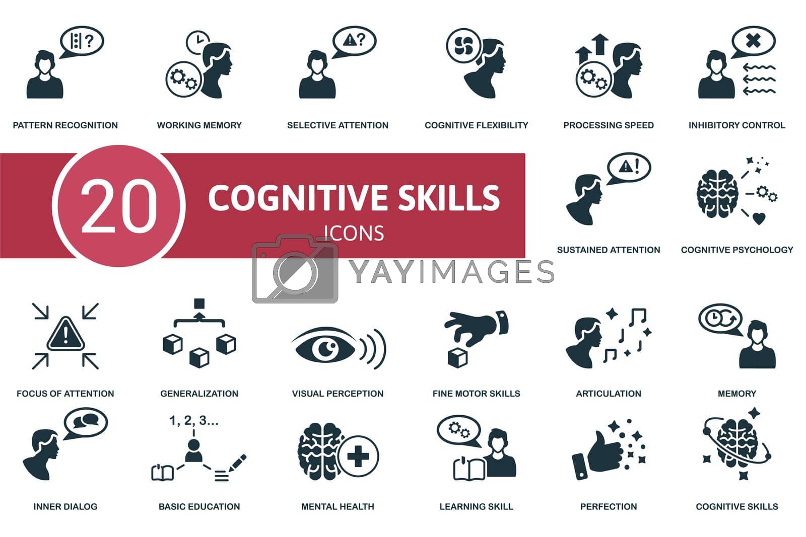 Royalty free image of Cognitive Skills set icon. Contains cognitive skills illustrations such as working memory, cognitive flexibility, inhibitory control and more. by simakovavector
