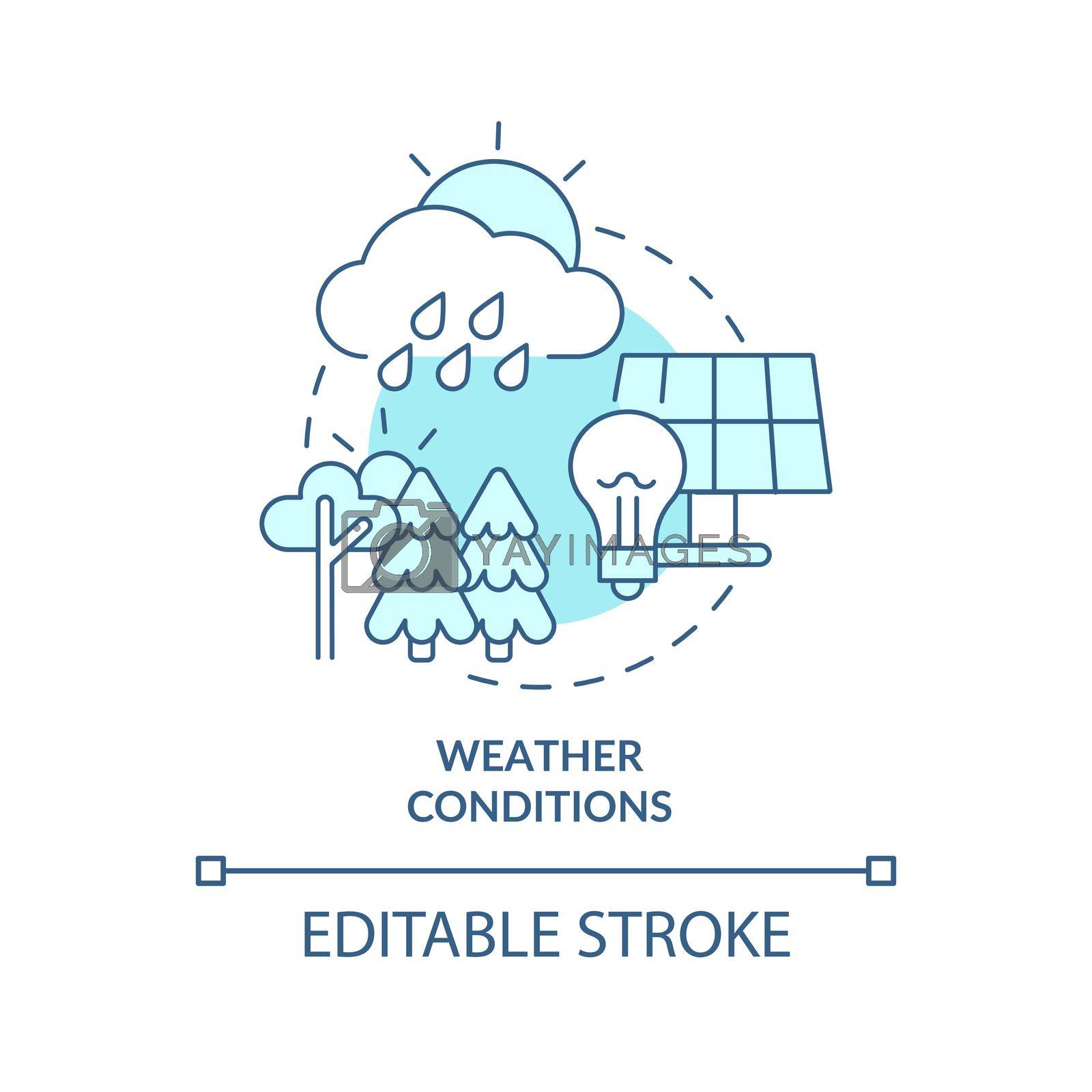 Weather conditions turquoise concept icon. Net zero energy building weak spot abstract idea thin line illustration. Isolated outline drawing. Editable stroke. Arial, Myriad Pro-Bold fonts used