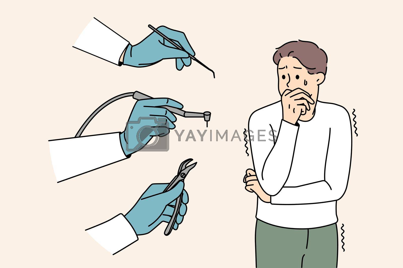 Stressed man scared of dental tools and equipment at dentist appointment. Unhappy guy afraid of teeth fixing distressed of doctor. Dentophobia concept. Flat vector illustration.