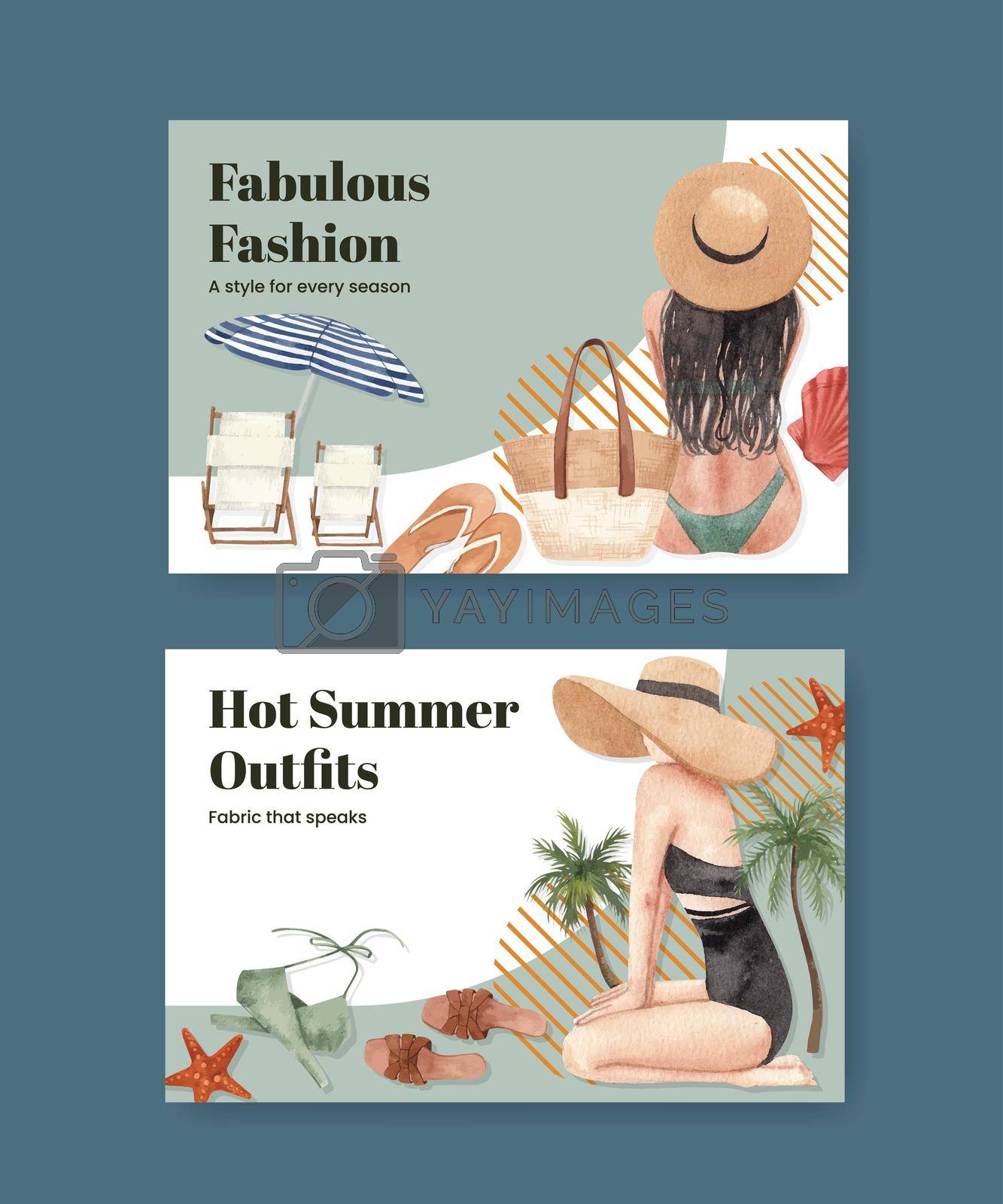 Facebook template with summer outfit fashion concept,watercolor style
