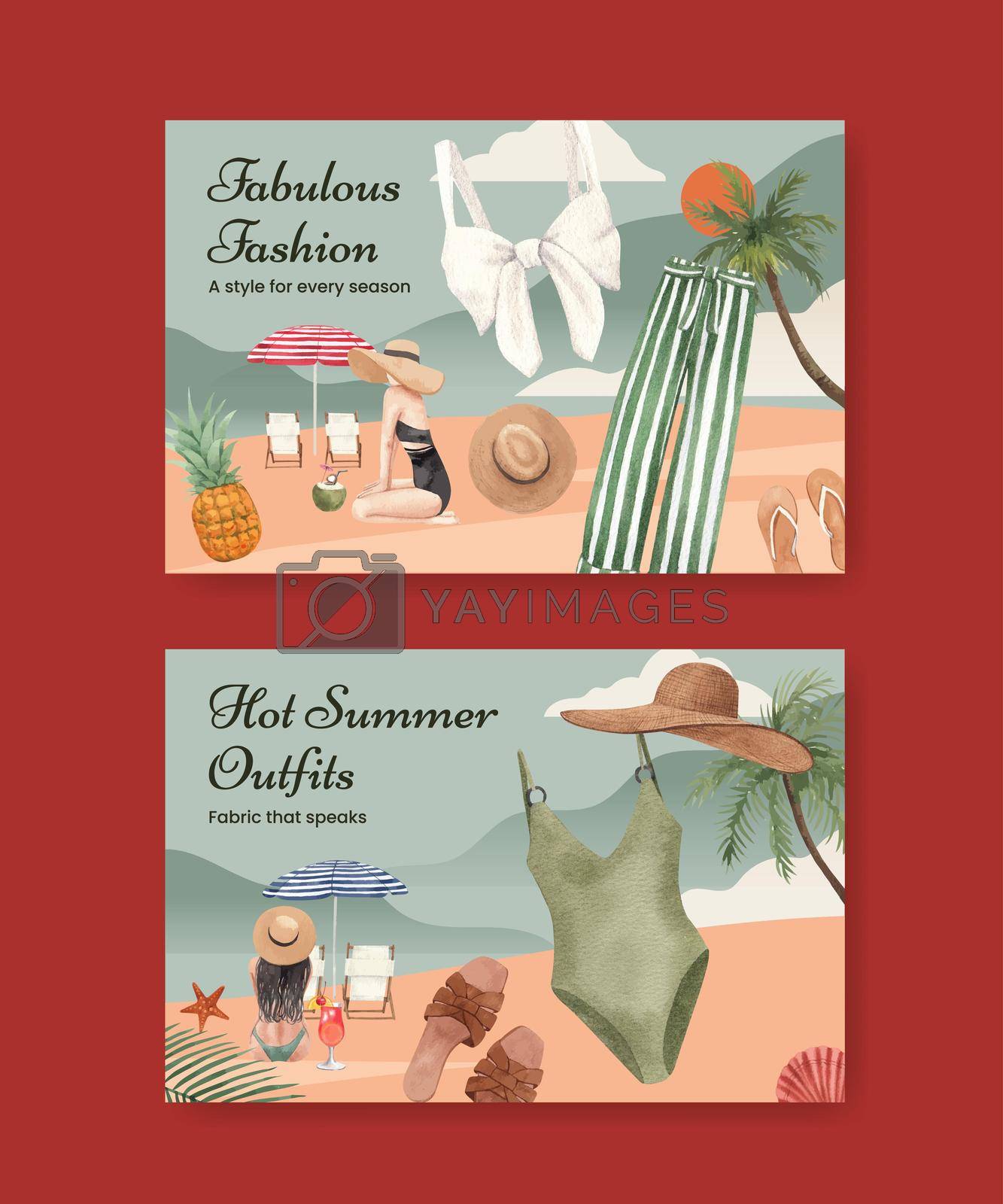 Facebook template with summer outfit fashion concept,watercolor style
