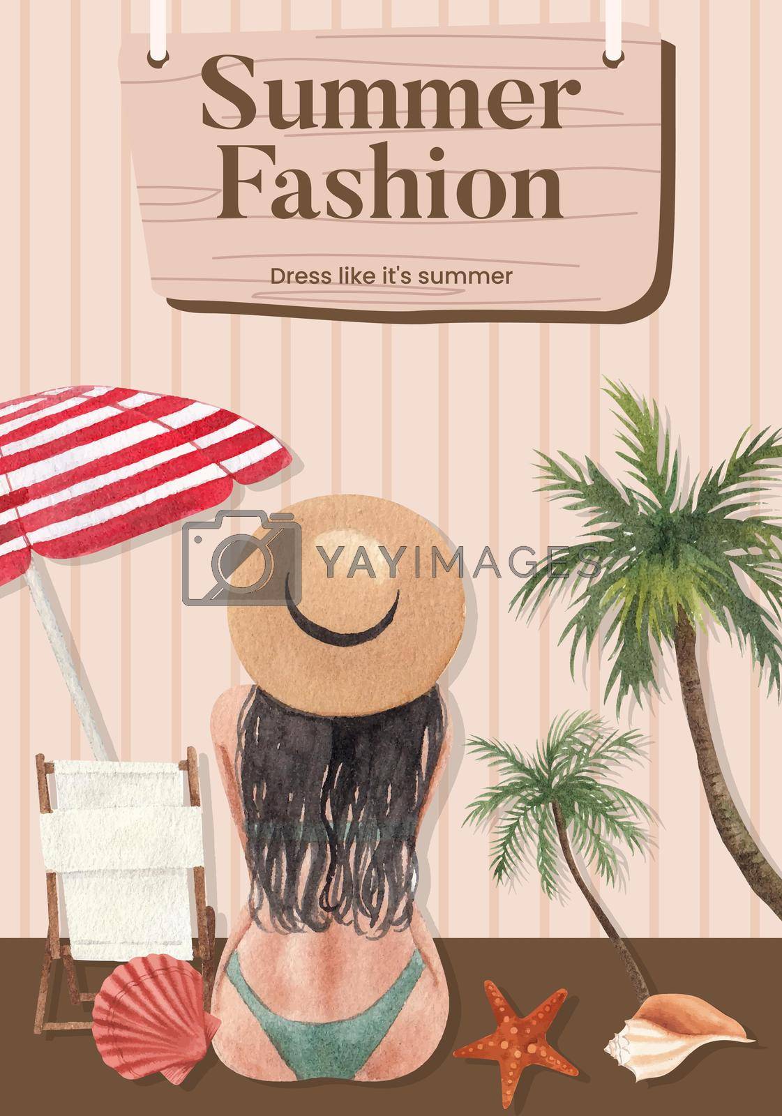 Poster template with summer outfit fashion concept,watercolor style
