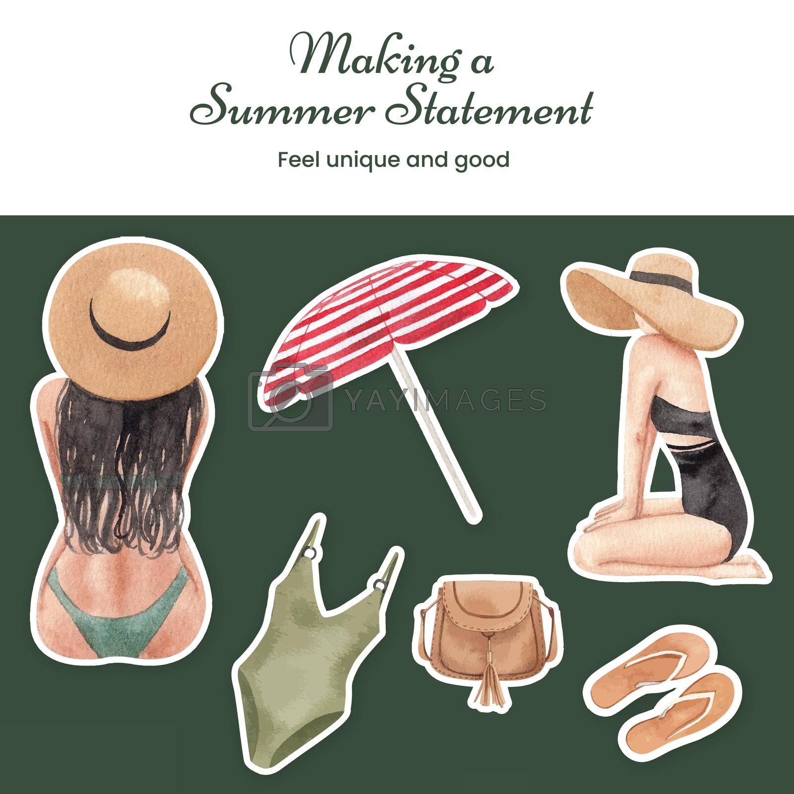 Sticker template with summer outfit fashion concept,watercolor style
