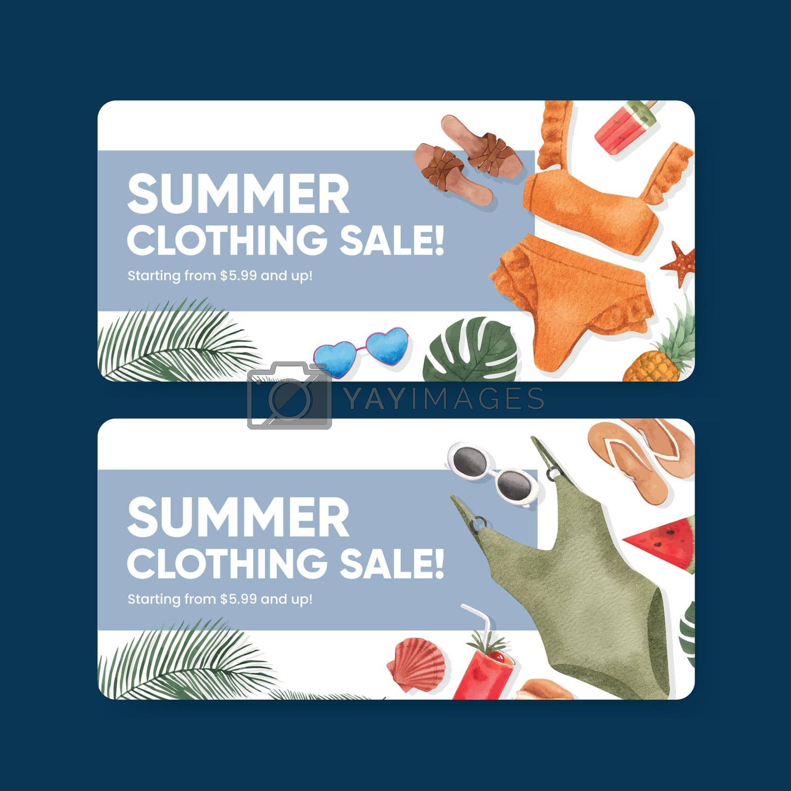 Voucher template with summer outfit fashion concept,watercolor style

