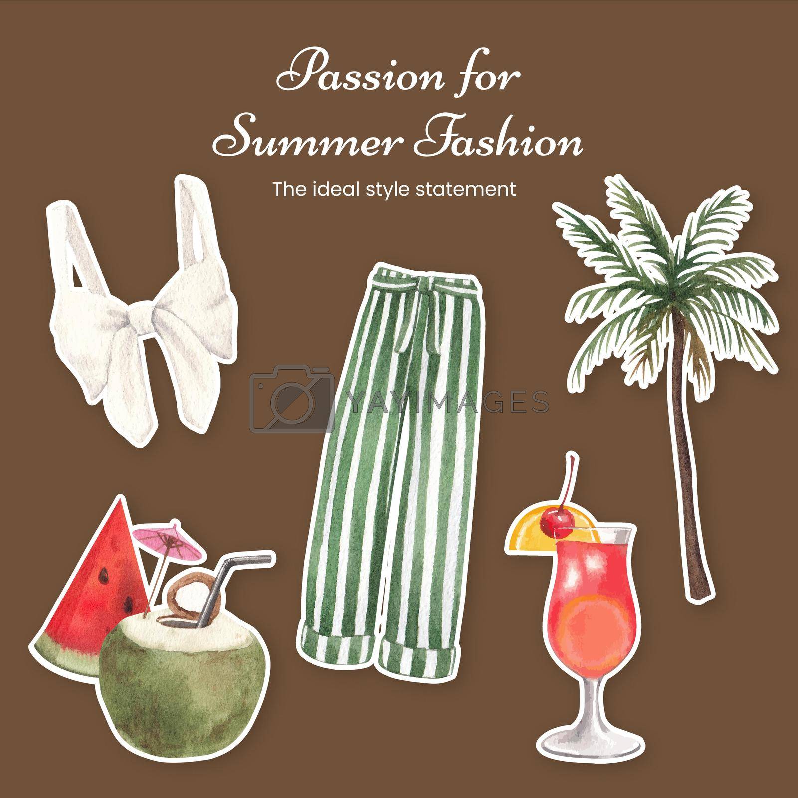 Sticker template with summer outfit fashion concept,watercolor style

