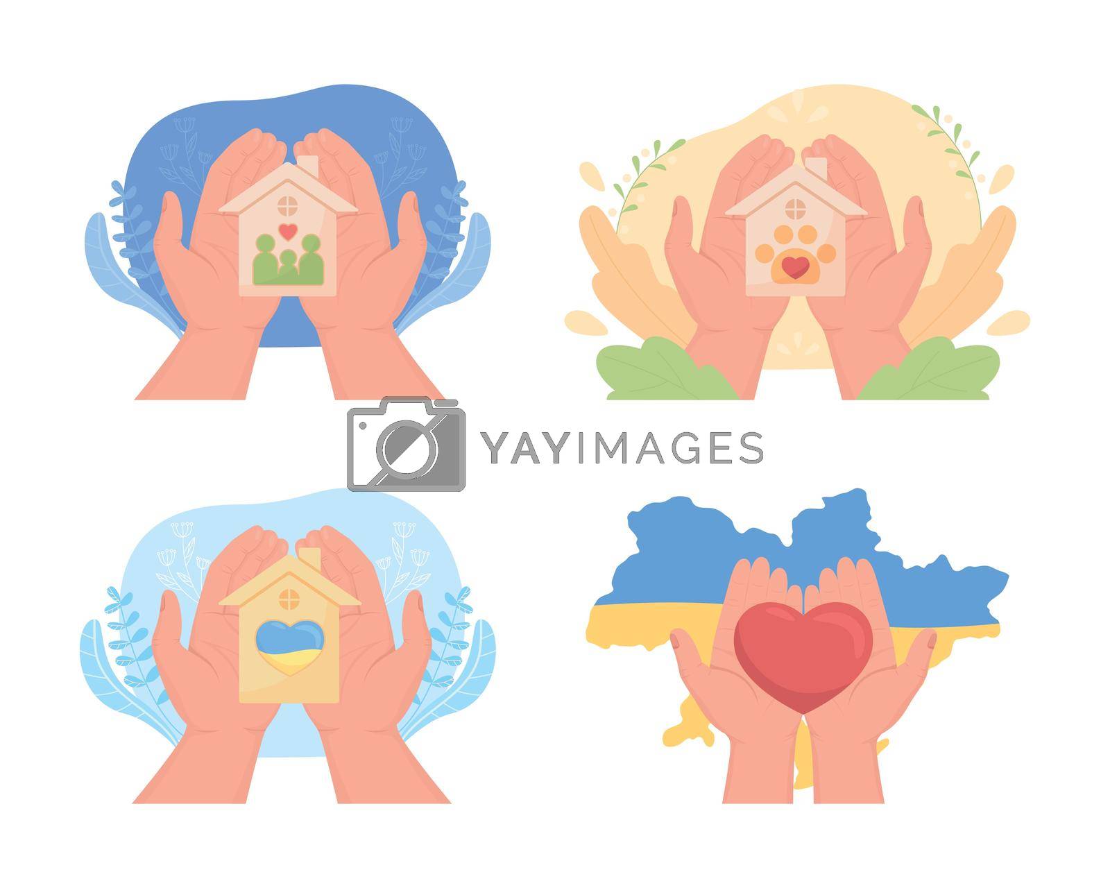 Saving ukrainian animals and families 2D vector isolated illustration set. Relief organization flat first view hand on cartoon background. Colourful scene collection for mobile, website, presentation