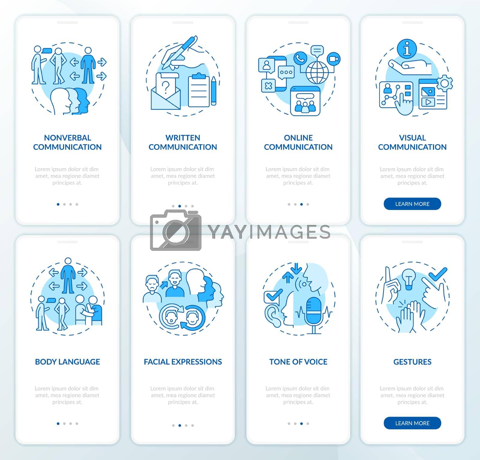 Communication skills development blue onboarding mobile app screen set. Walkthrough 4 steps graphic instructions pages with linear concepts. UI, UX, GUI template. Myriad Pro-Bold, Regular fonts used