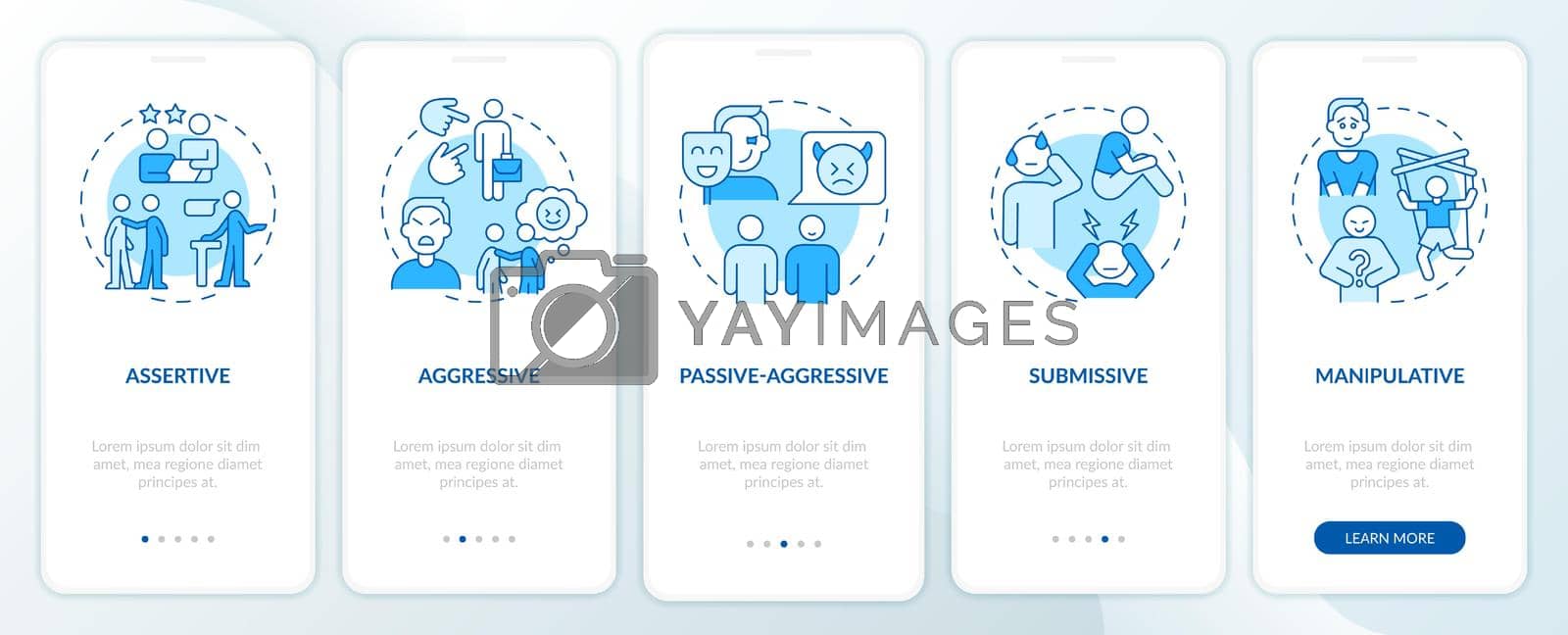 Basic communication styles blue onboarding mobile app screen. Walkthrough 5 steps graphic instructions pages with linear concepts. UI, UX, GUI template. Myriad Pro-Bold, Regular fonts used