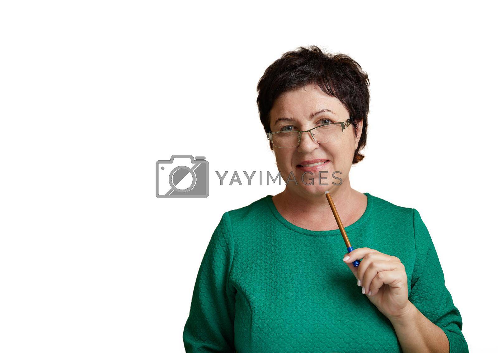 Royalty free image of Portrait of Caucasian Mature female teacher standing on white background by Mariakray