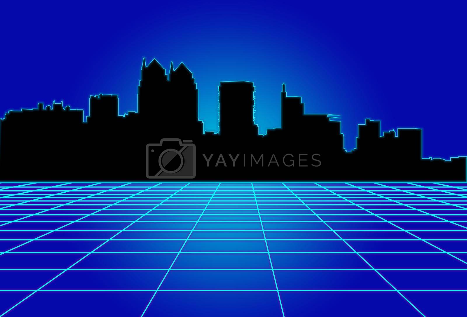 Royalty free image of 80s style sci-fi, blue background with black city landscape. futuristic illustration or poster template. Synthwave banner. by nazarovsergey