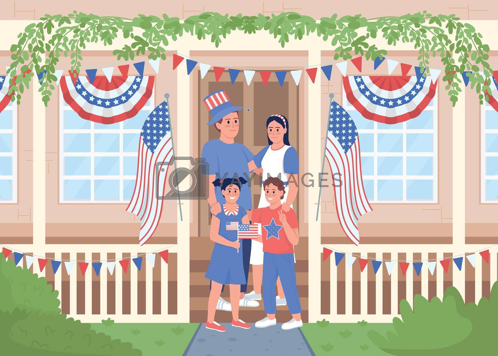 Family style Independence day celebration flat color vector illustration. Parents and children at home. July fourth holiday 2D simple cartoon characters with exterior on background