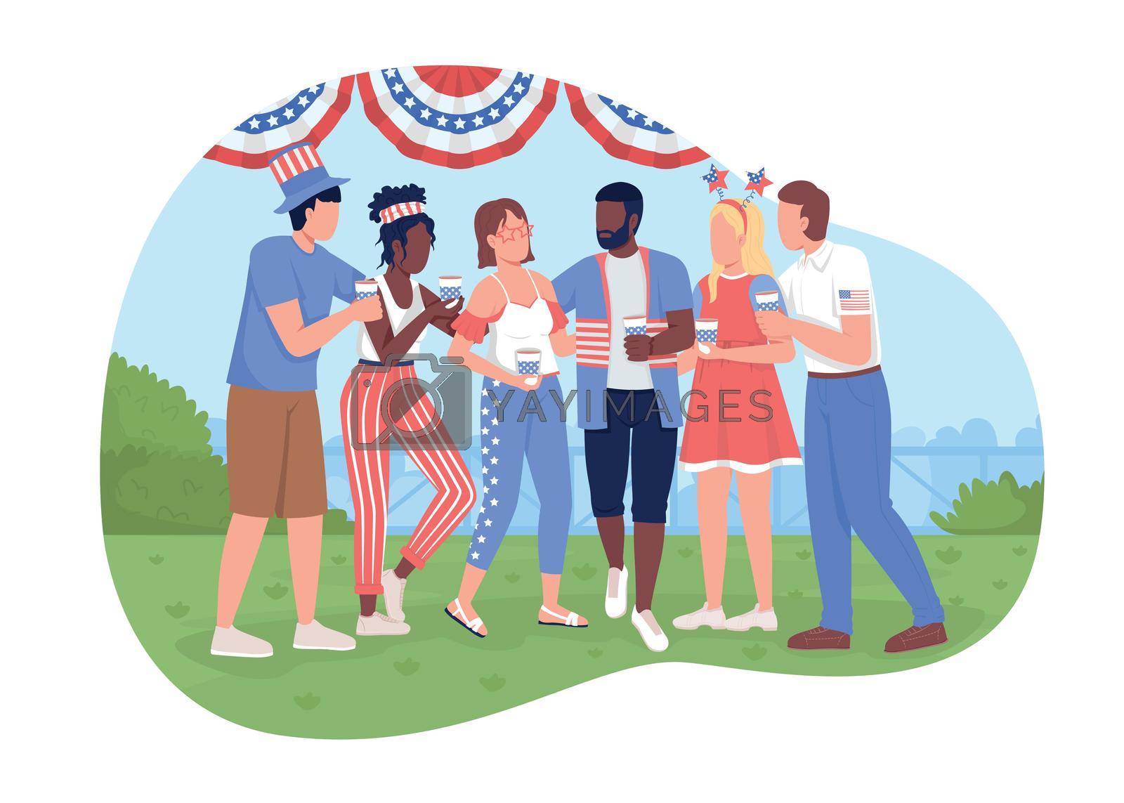July fourth celebration party 2D vector isolated illustration. Happy friends at Independence day flat characters on cartoon background. Holiday colourful scene for mobile, website, presentation