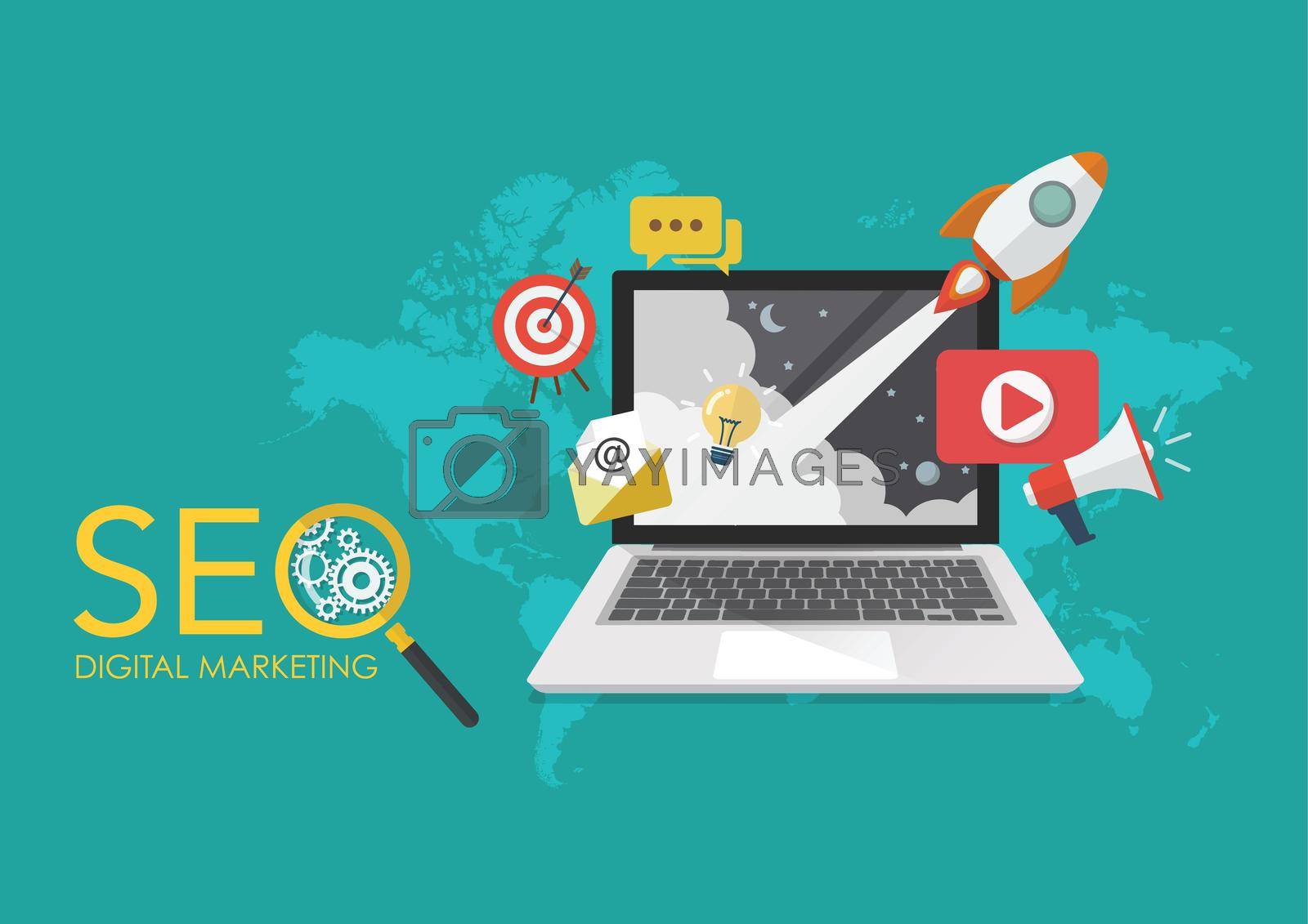 Seo optimization marketing business. SEO logo with magnifying glass. Vector illustration