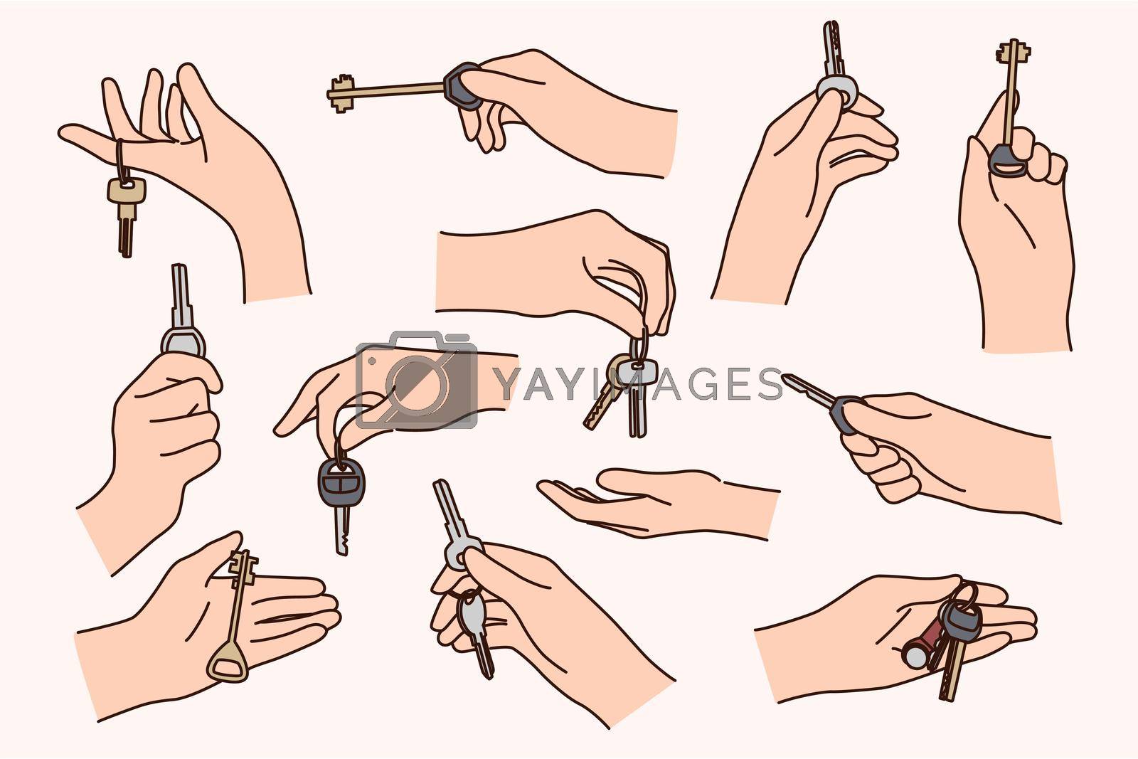 Set of people hands holding keys to new apartment or car. Collection of person owners celebrate possession. Concept of ownership. Rental and realty. Vector illustration.