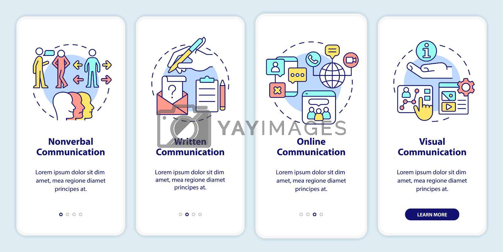 Communication types onboarding mobile app screen. Nonverbal and written walkthrough 4 steps graphic instructions pages with linear concepts. UI, UX, GUI template. Myriad Pro-Bold, Regular fonts used