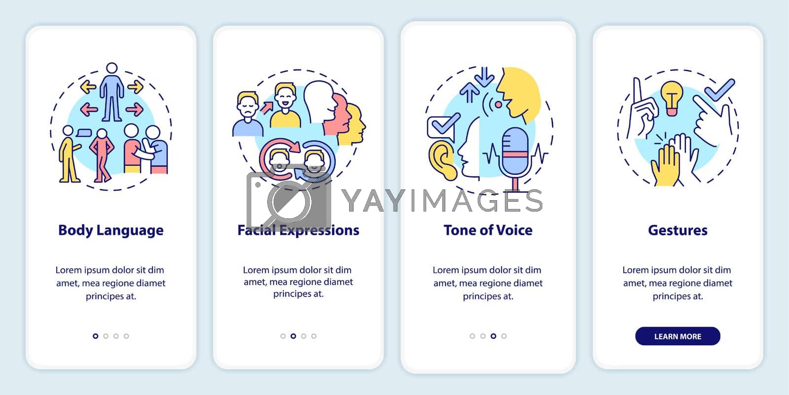 Non-verbal communication types onboarding mobile app screen. Gestures walkthrough 4 steps graphic instructions pages with linear concepts. UI, UX, GUI template. Myriad Pro-Bold, Regular fonts used