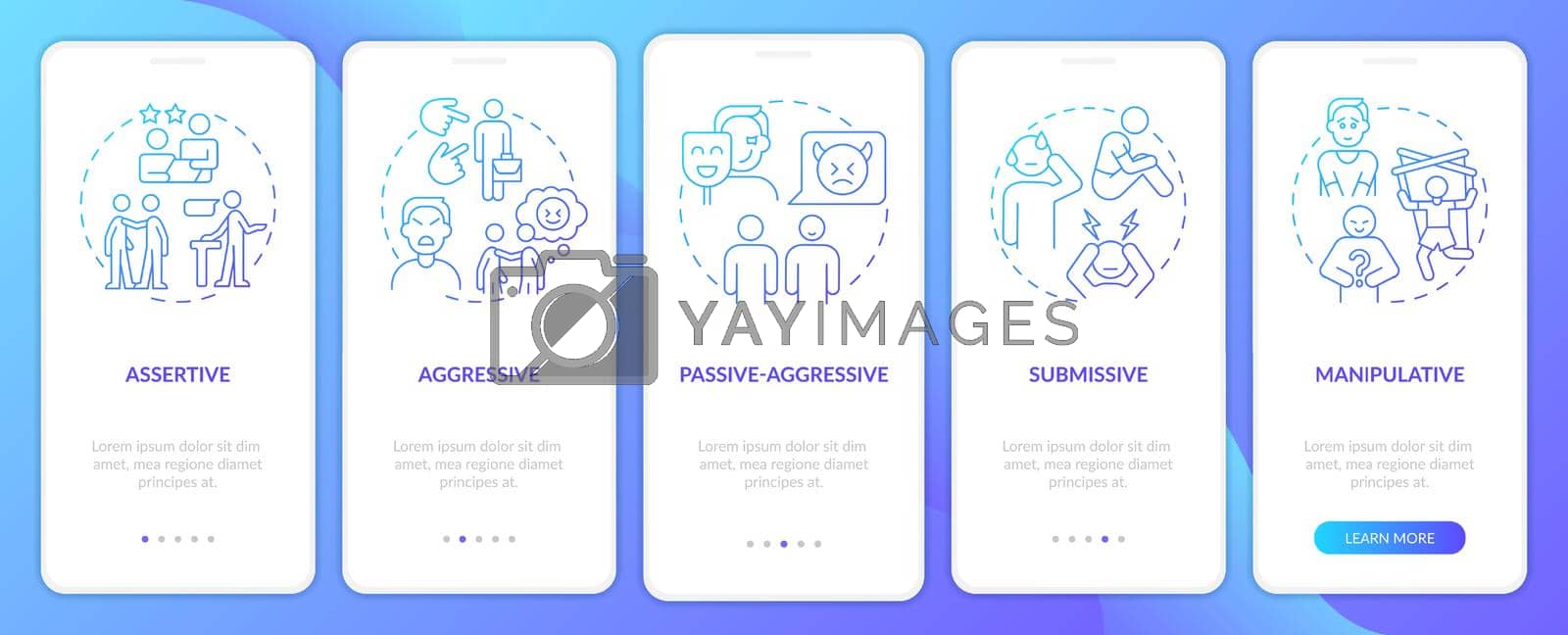 Communication patterns blue gradient onboarding mobile app screen. Walkthrough 5 steps graphic instructions pages with linear concepts. UI, UX, GUI template. Myriad Pro-Bold, Regular fonts used