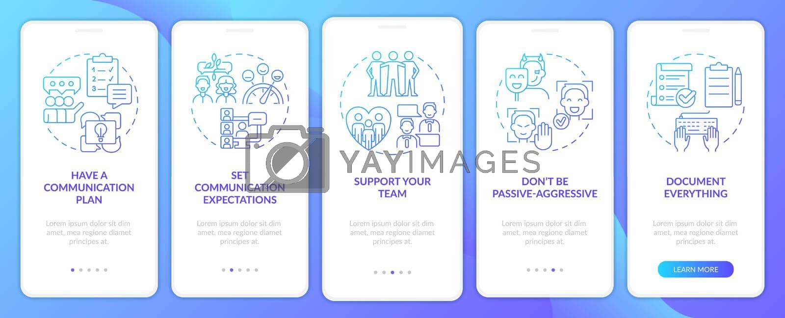 Communication management blue gradient onboarding mobile app screen. Walkthrough 5 steps graphic instructions pages with linear concepts. UI, UX, GUI template. Myriad Pro-Bold, Regular fonts used